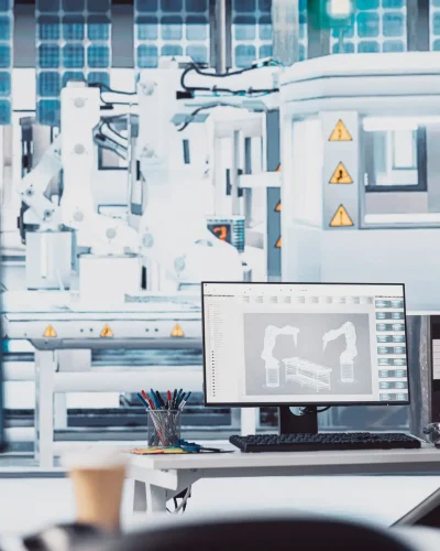 Computer screen displaying live metrics in renewable energy facility, tracking solar panel assembly progress. PC monitoring photovoltaics factory engineering workspace to ensure seamless operations